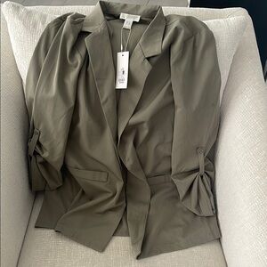 NWT Olive Green Blazer with Ruched Sleeves and Draped Silhouette